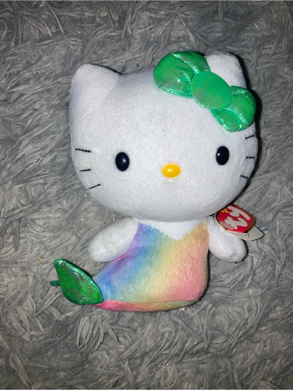 Sanrio Ty Hello Kitty Rainbow Mermaid Plush with Shiny Green Bow
